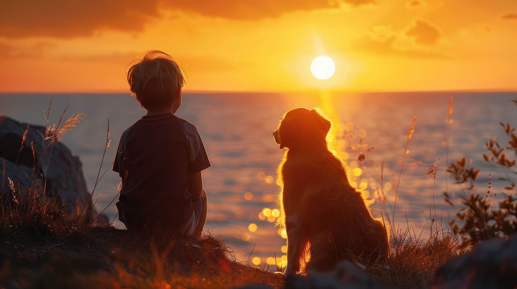 Boy with dog staring into sunset